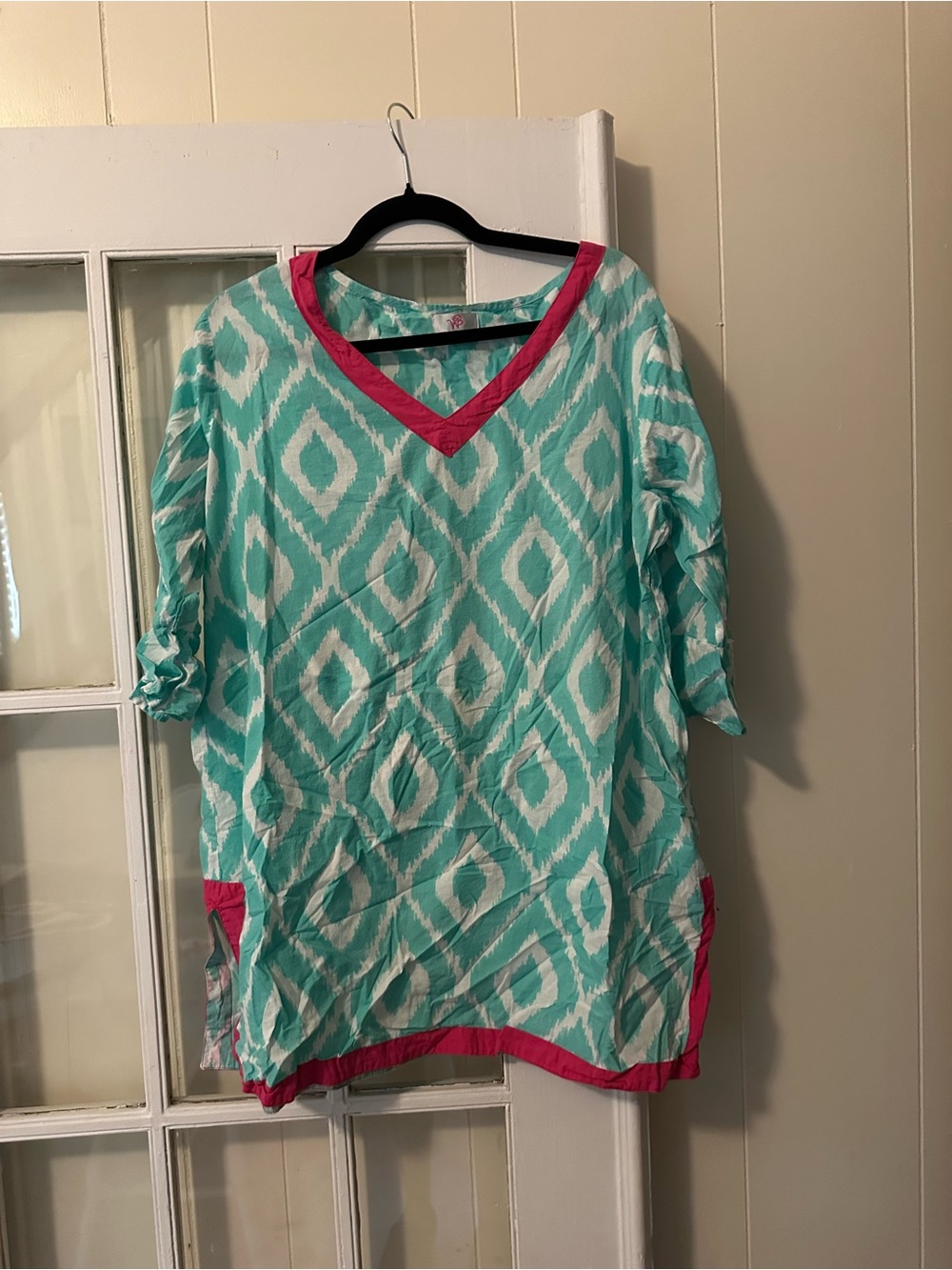 Women’s Teal Ikat V-Neck Tunic with Pink Trim (large)